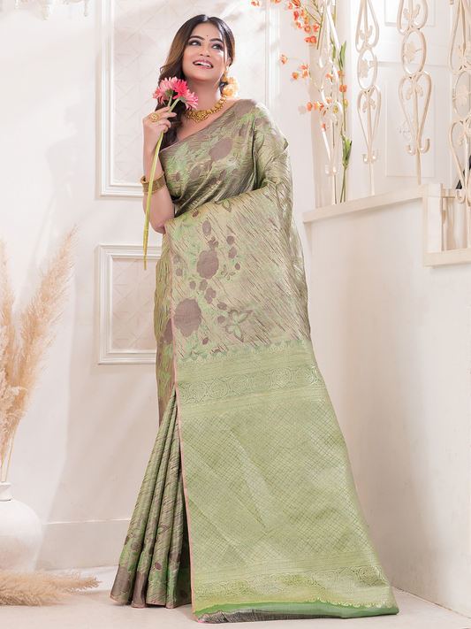 Harini Vastra - Golden Jade green silk with peacock buttas and zari elegance