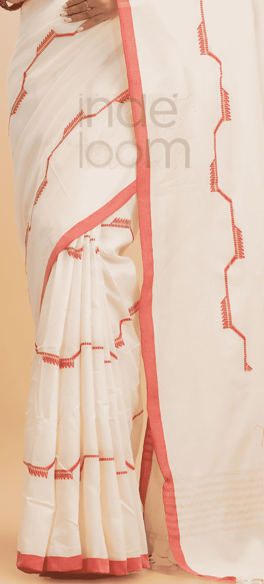 Durga Puja Saree Handloom Cotton in Red White- 001 - indeloom