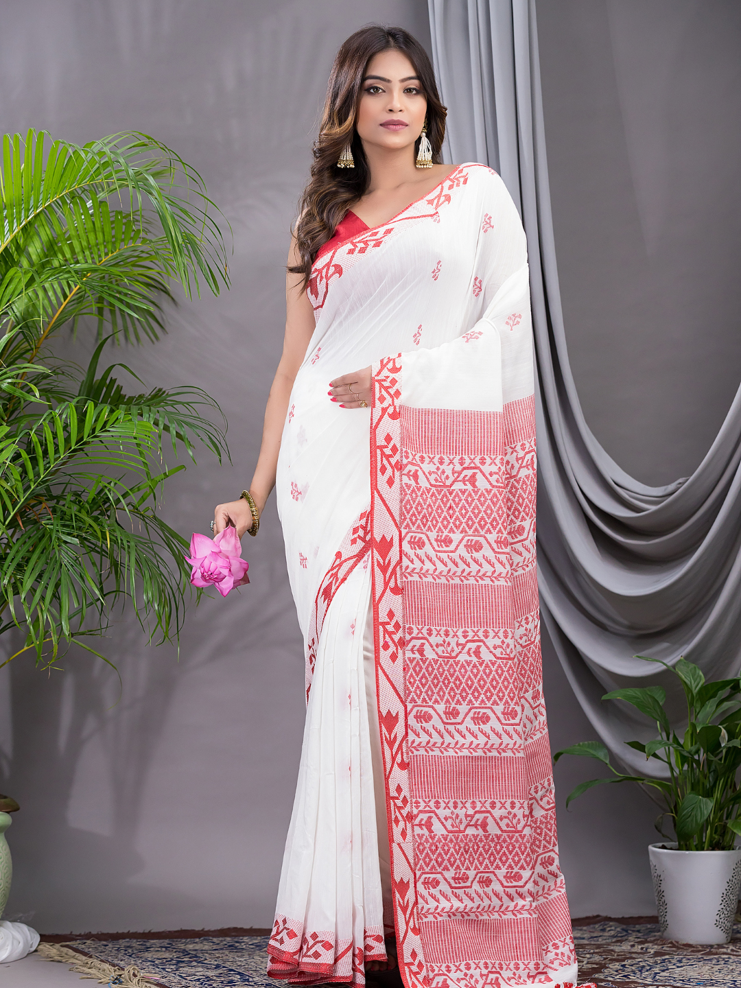 Cotton Jamdani Saree With Snow White - 022