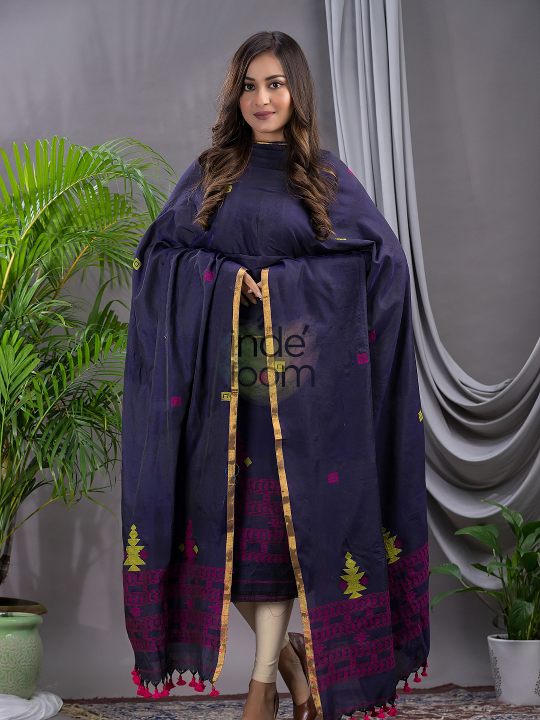 Dark Blue Cotton Jamdani 2-Piece Set Kurti & Dupatta (UNSTITCHED) - 112