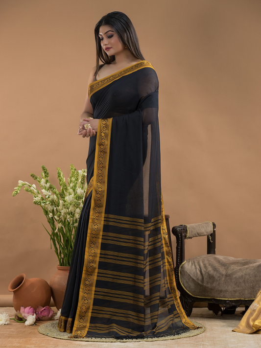 Black with Golden Zari Border-Handloom Cotton Saree-097