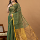 Pure Handloom Silk Tissue Linen Saree | Olive Green