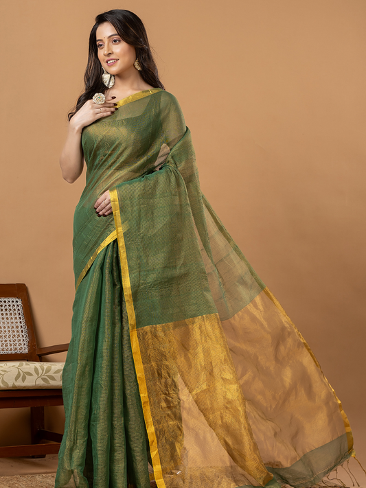 Pure Handloom Silk Tissue Linen Saree | Olive Green