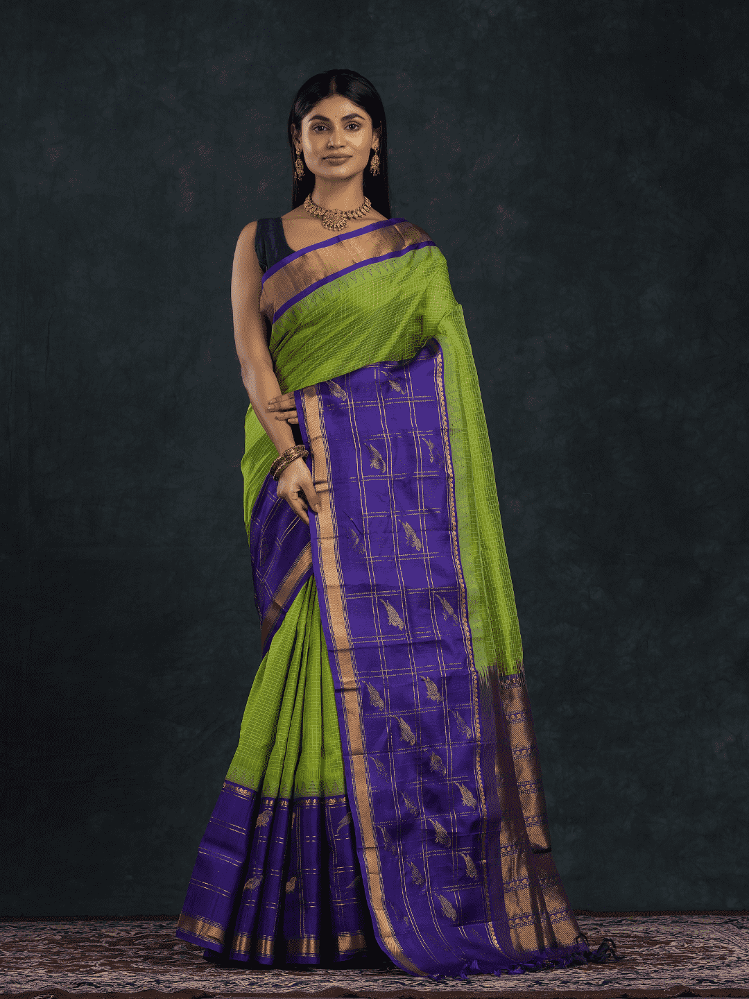 Pure Handloom Korvai Silk Cotton Saree in Parrot Buttas with Paithani Border - Lime Green with Blue border - 143