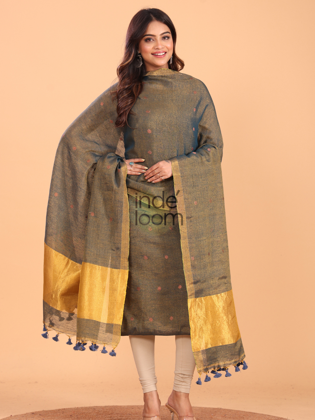 Olive Green Tissue Linen Jamdani 2-Piece Set Kurti & Dupatta (UNSTITCHED) - 058