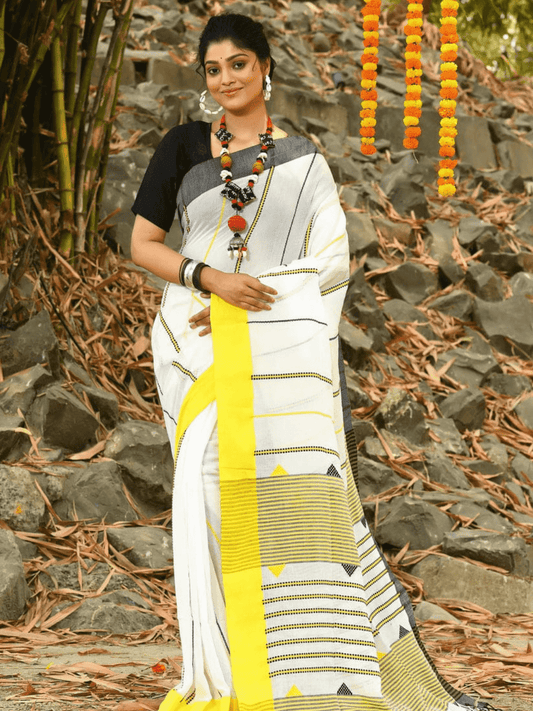Cream White Yellow Border -Handloom Cotton Saree-075 - indeloom