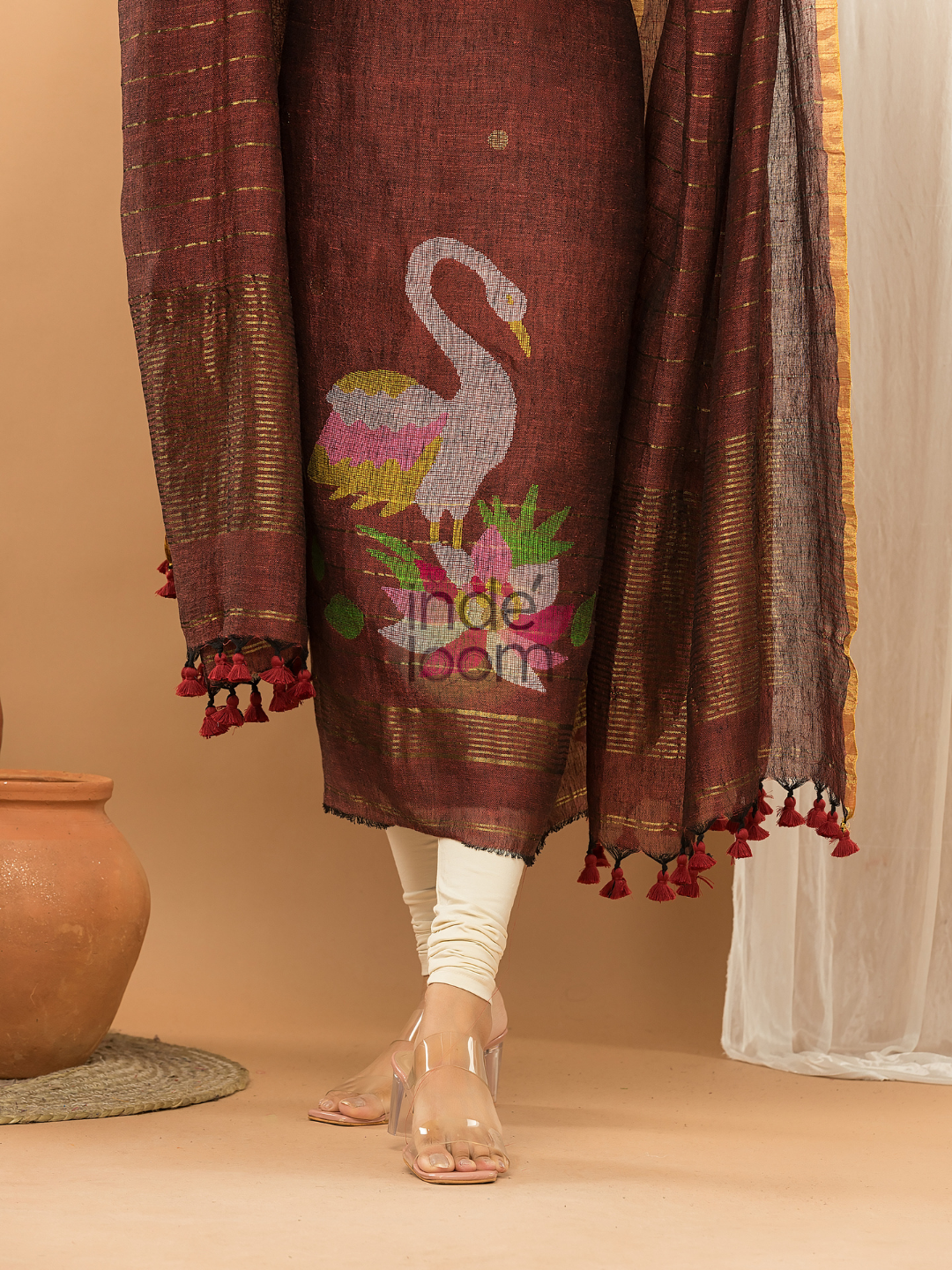 Deep Amber | Handloom Jamdani Muslin Unstitched 2-Piece Kurti