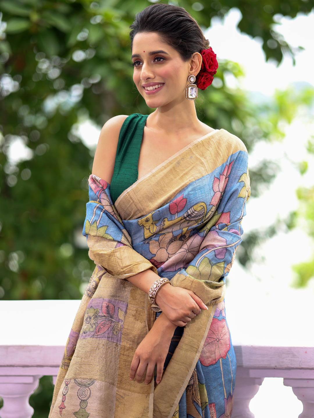 Florals On Tissue Silk Pen Kalamkari Saree - 011