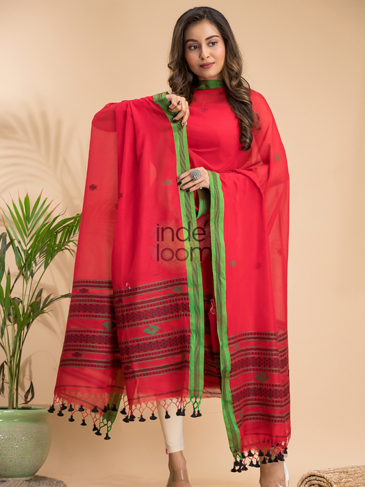 Classic Red Mercerized Cotton 2-Piece Set Kurti & Dupatta (UNSTITCHED) - 013