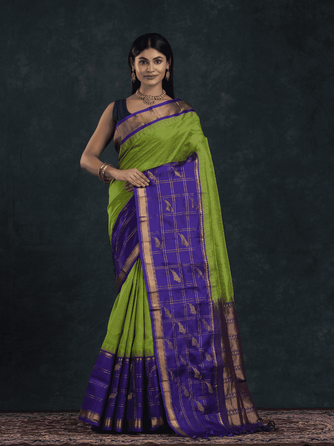 Pure Handloom Korvai Silk Cotton Saree in Parrot Buttas with Paithani Border - Lime Green with Blue border - 143