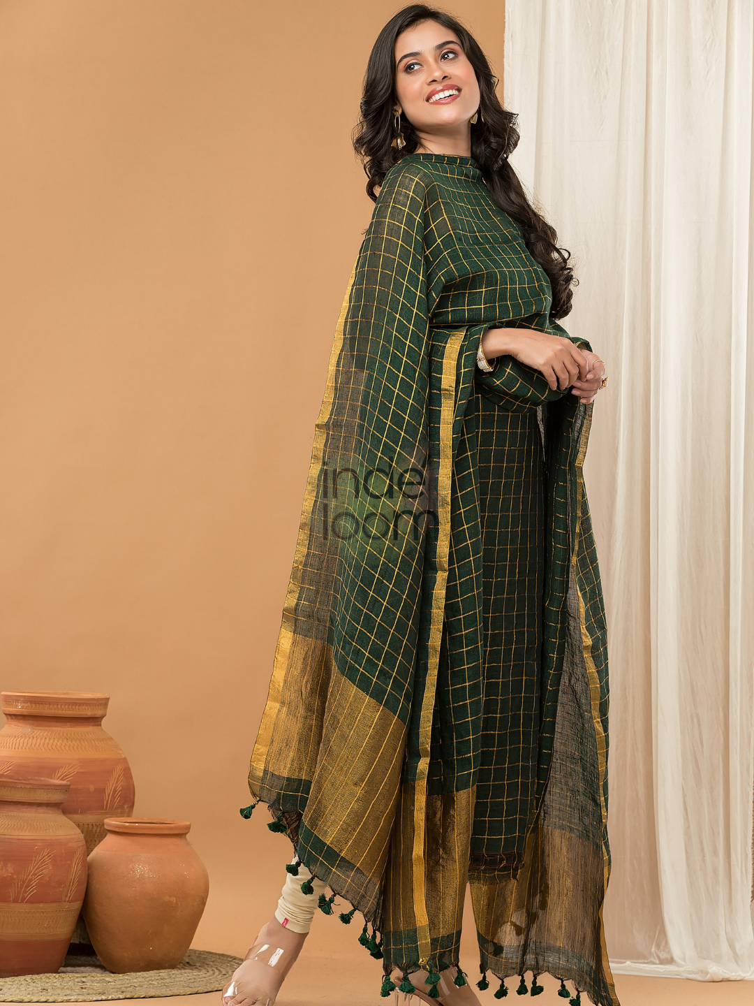 Pine Green color Jamdani 2-Piece Set Kurti & Dupatta (UNSTITCHED) - 149