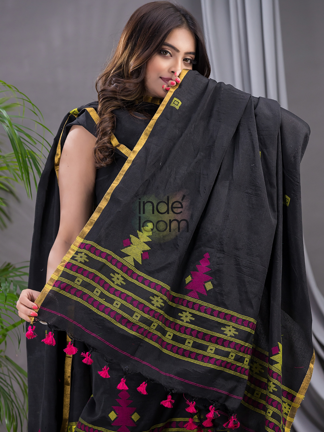 Coal Black Cotton Jamdani 2-Piece Set Kurti & Dupatta (UNSTITCHED) - 113