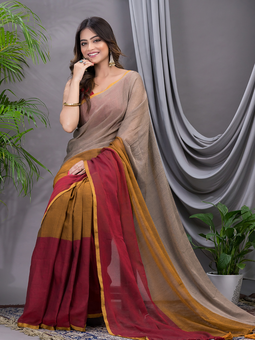 Tissue Silk Saree With Beige And Maroon - 017