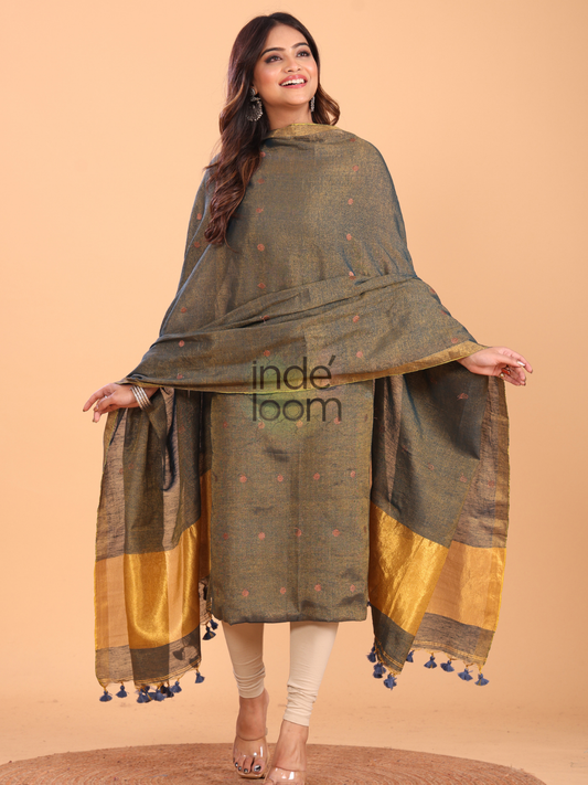 Olive Green Tissue Linen Jamdani 2-Piece Set Kurti & Dupatta (UNSTITCHED) - 058