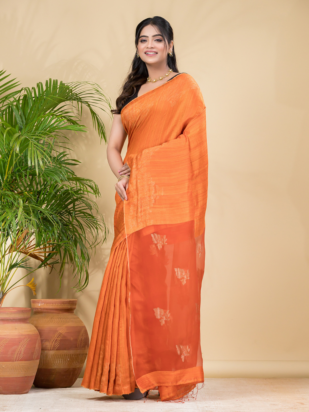 Matka Silk Jamdani Saree With Neon Orange - 025