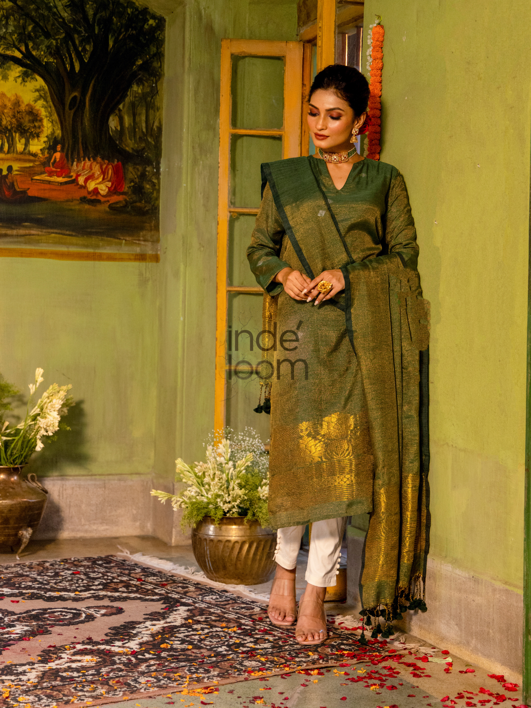 Forest Green Cotton Linen 2-Piece Set Kurti & Dupatta (UNSTITCHED) - 315