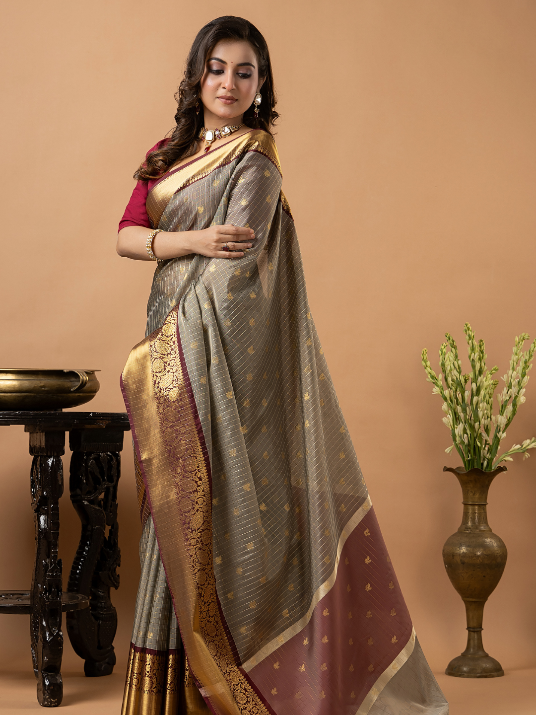 Classic Benarasi Katan Semi Silk Saree | Taupe Grey