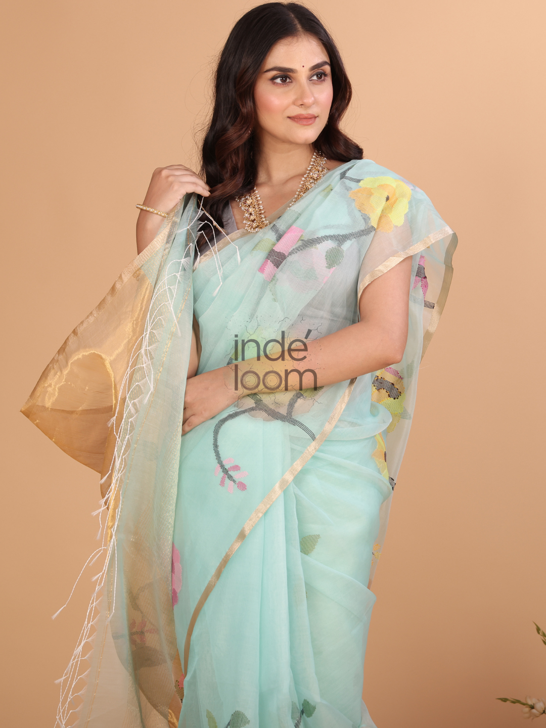 Muslin Tissue Jamdani Saree With Aqua Blue - 118