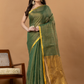 Pure Handloom Silk Tissue Linen Saree | Olive Green