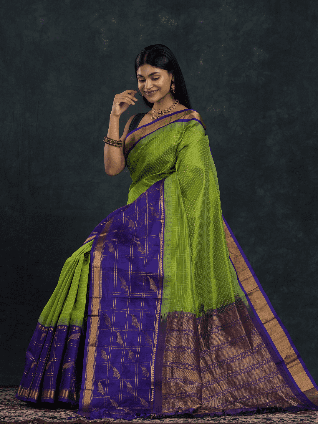 Pure Handloom Korvai Silk Cotton Saree in Parrot Buttas with Paithani Border - Lime Green with Blue border - 143