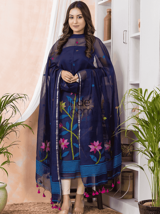 Handwoven Jamdani Muslin Unstitched 2-piece Kurti  |  Navy Blue