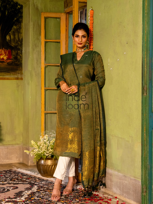 Forest Green Cotton Linen 2-Piece Set Kurti & Dupatta (UNSTITCHED) - 315