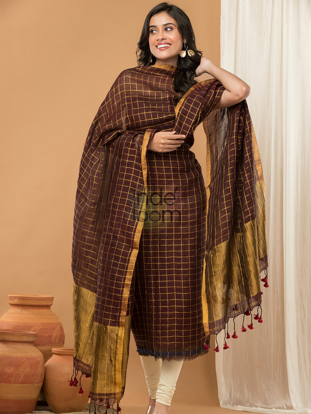 Brownish Gold color Jamdani 2-Piece Set Kurti & Dupatta (UNSTITCHED) - 150