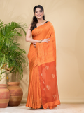 Matka Silk Jamdani Saree With Neon Orange - 025