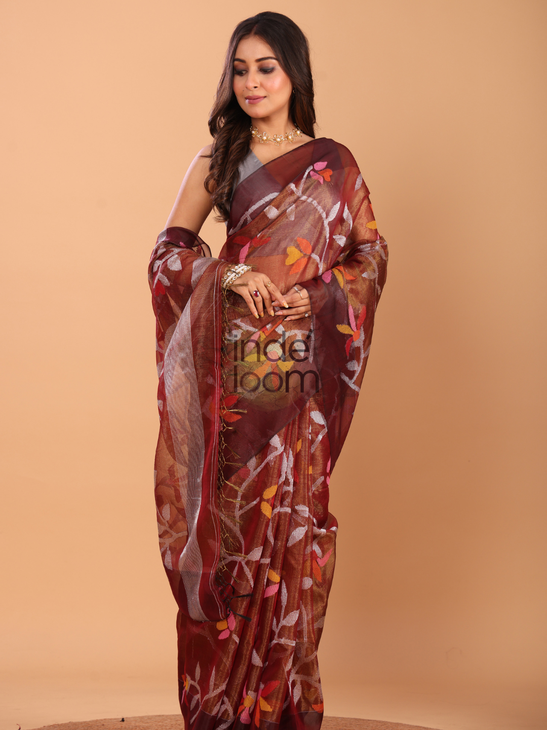 Tissue Silk Saree With Red Brown - 143
