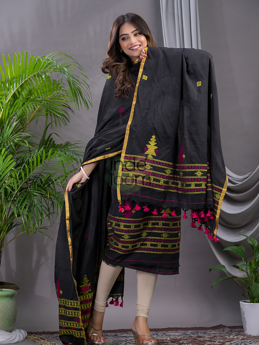 Coal Black Cotton Jamdani 2-Piece Set Kurti & Dupatta (UNSTITCHED) - 113