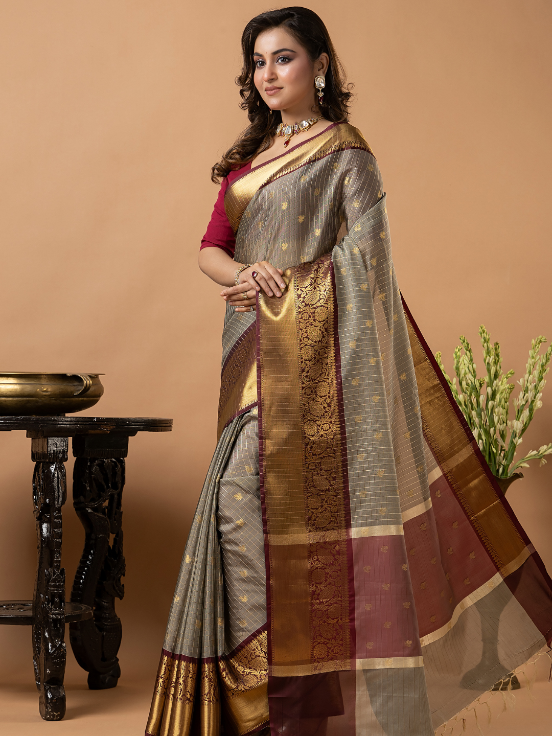 Classic Benarasi Katan Semi Silk Saree | Taupe Grey
