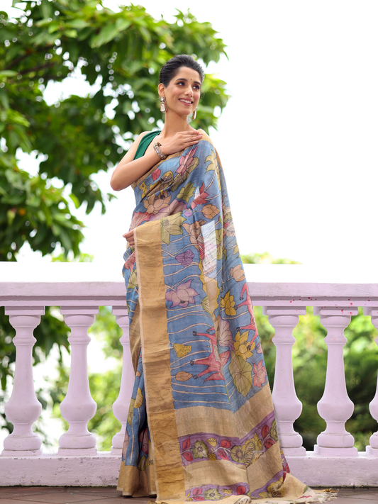 Traditional Handpainted Pen Kalamkari Silk Saree  |  Steel Blue