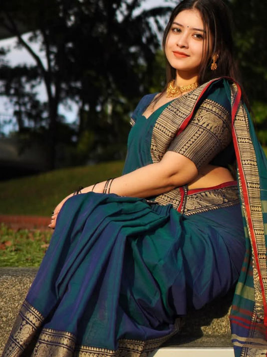 Handloom Narayanpet Cotton Saree | Deep Teal