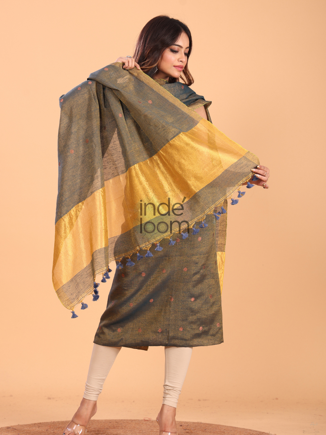 Olive Green Tissue Linen Jamdani 2-Piece Set Kurti & Dupatta (UNSTITCHED) - 058