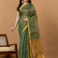 Pure Handloom Silk Tissue Linen Saree | Olive Green