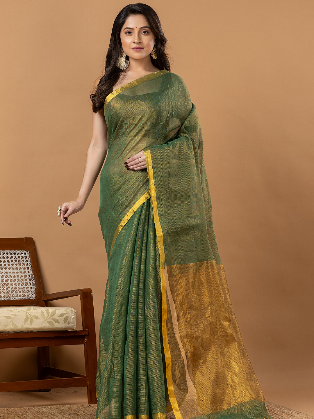 Pure Handloom Silk Tissue Linen Saree | Olive Green