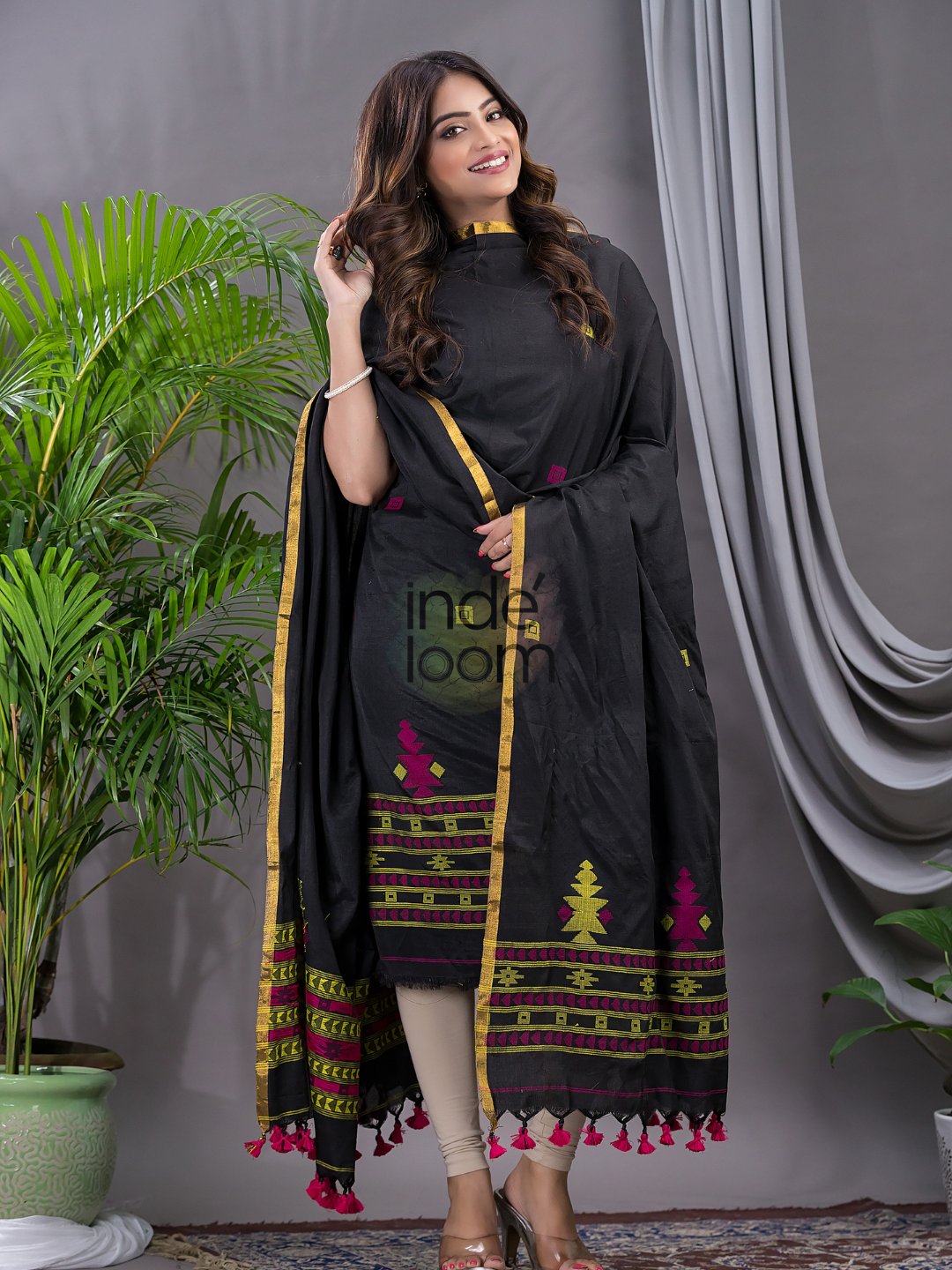 Coal Black Cotton Jamdani 2-Piece Set Kurti & Dupatta (UNSTITCHED) - 113