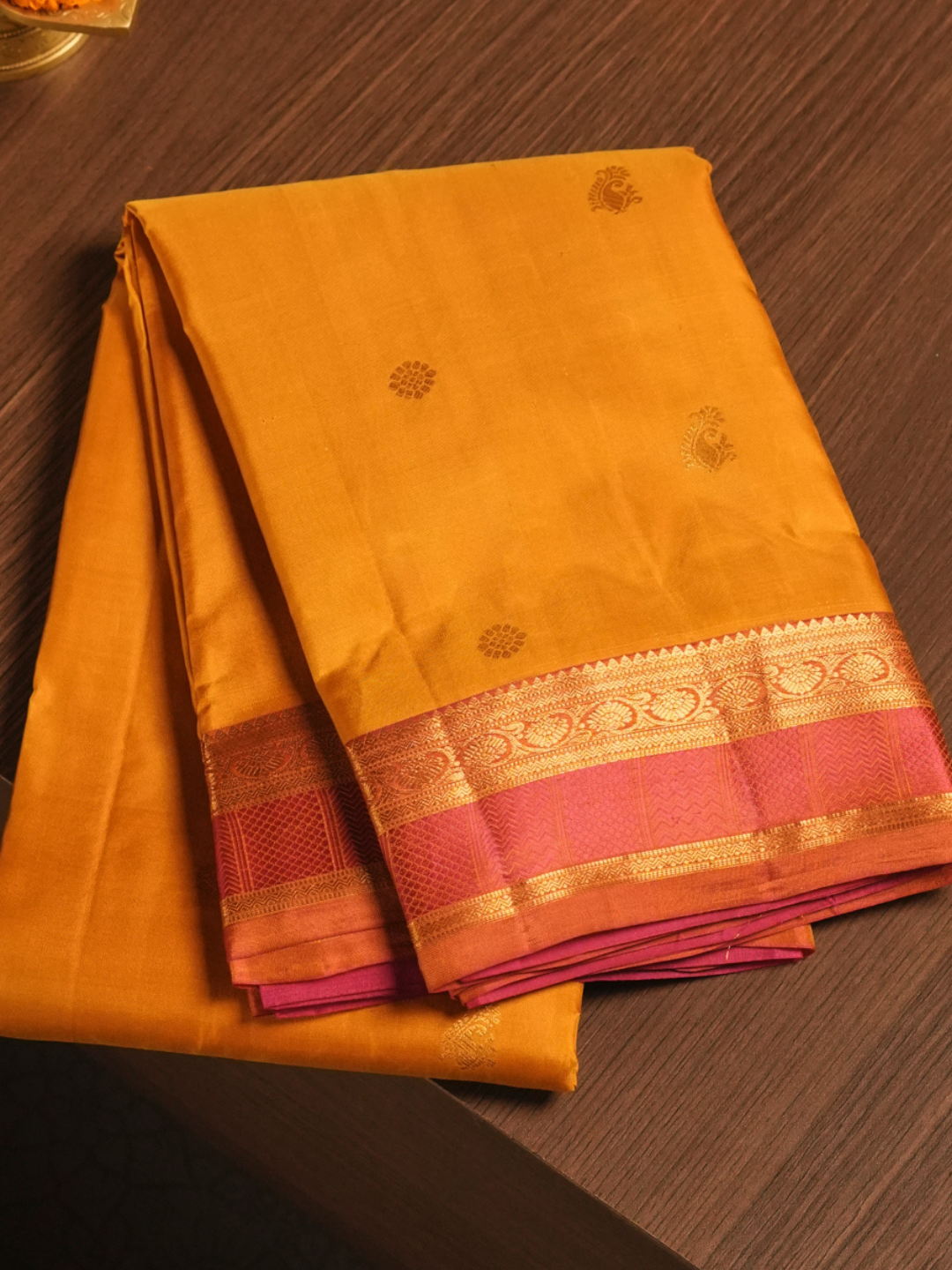 Silk Mark Certified Handloom Kanjivaram Silk Saree  |  Mustard Yellow