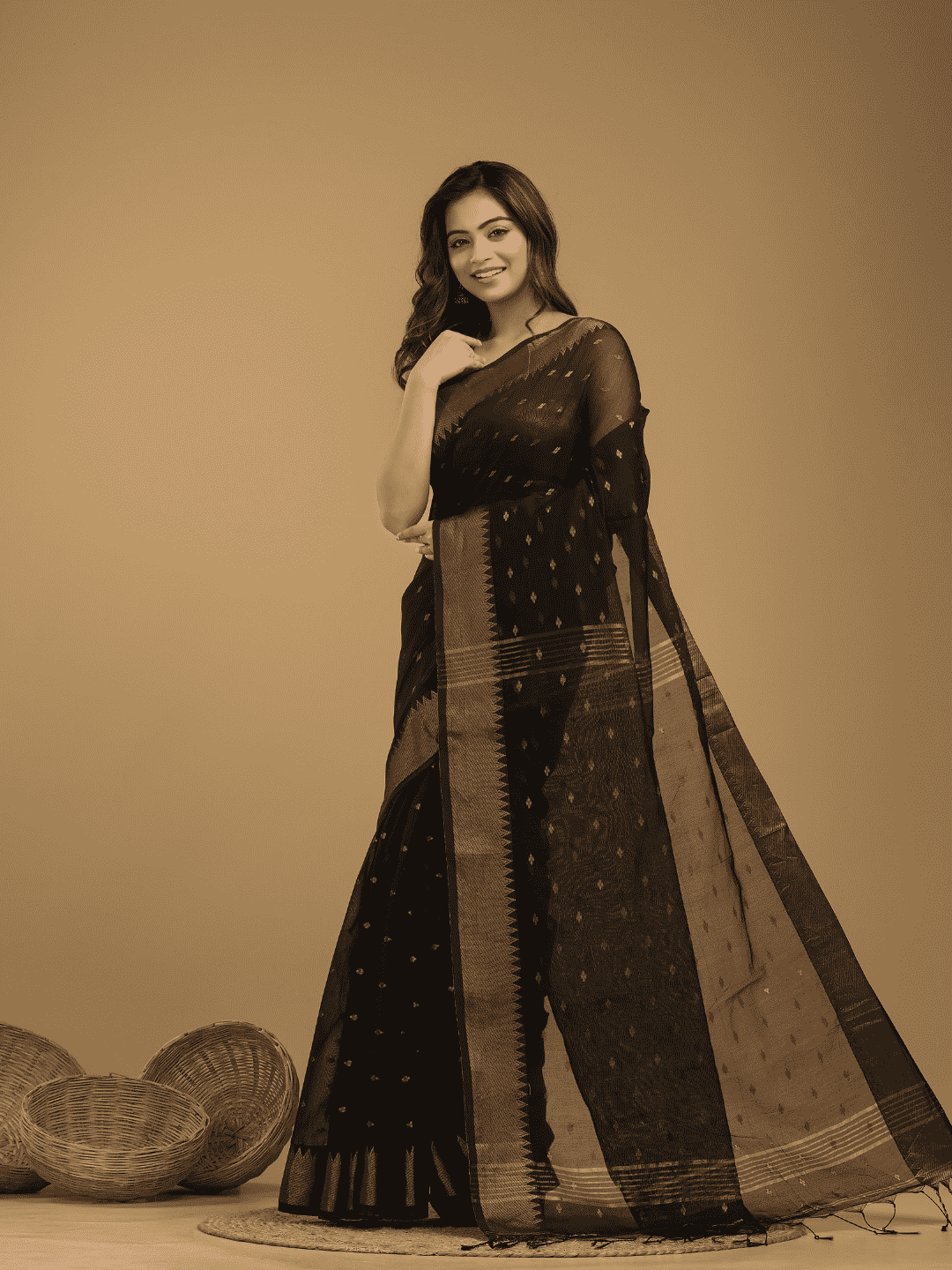 Coal Black Cotton Silk 1000 Butti Jamdani Saree - 034 - indeloom