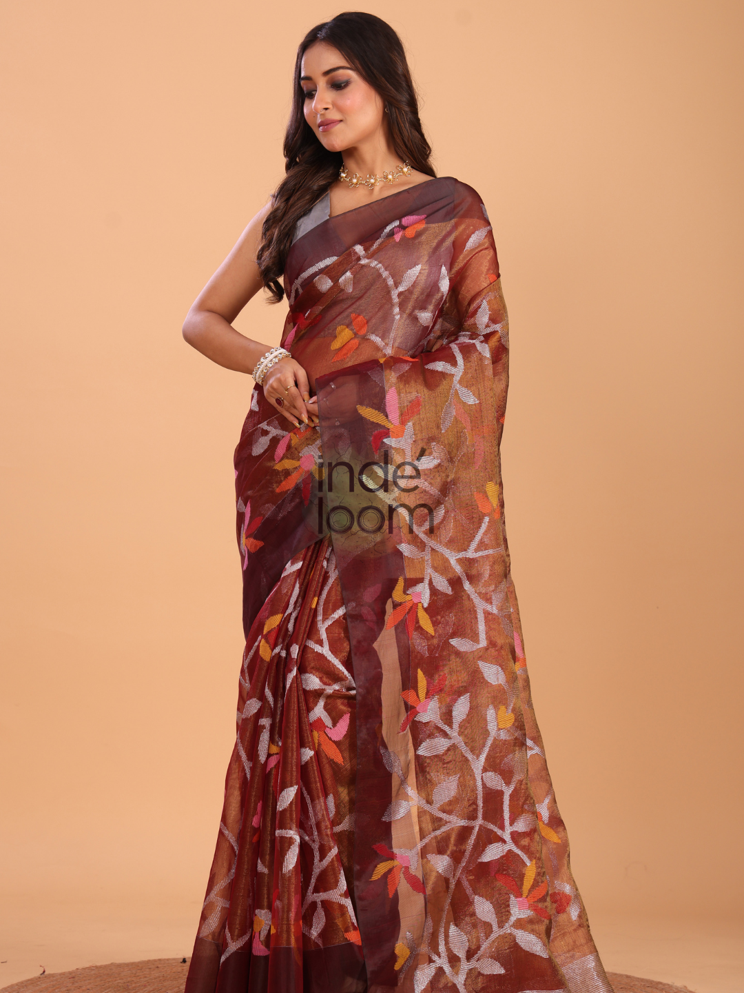 Tissue Silk Saree With Red Brown - 143
