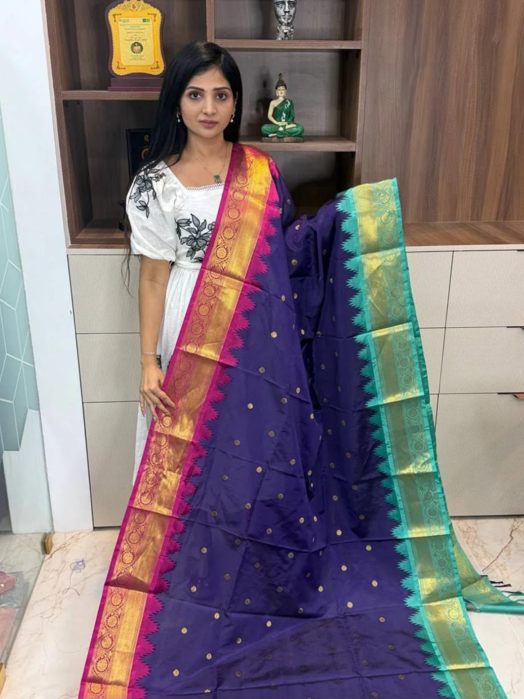 Pure Banarasi Exclusive Ektara Kora JAMDANI Tilfi saree  | Navy Blue