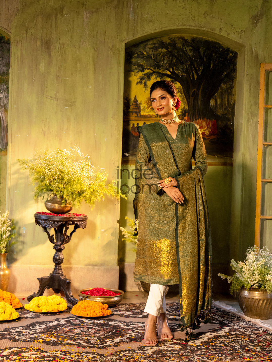 Forest Green Cotton Linen 2-Piece Set Kurti & Dupatta (UNSTITCHED) - 315