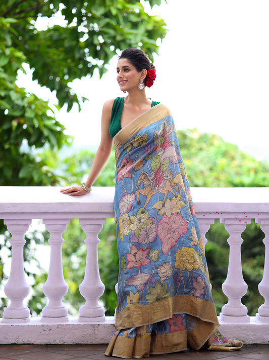Traditional Handpainted Pen Kalamkari Silk Saree  |  Steel Blue