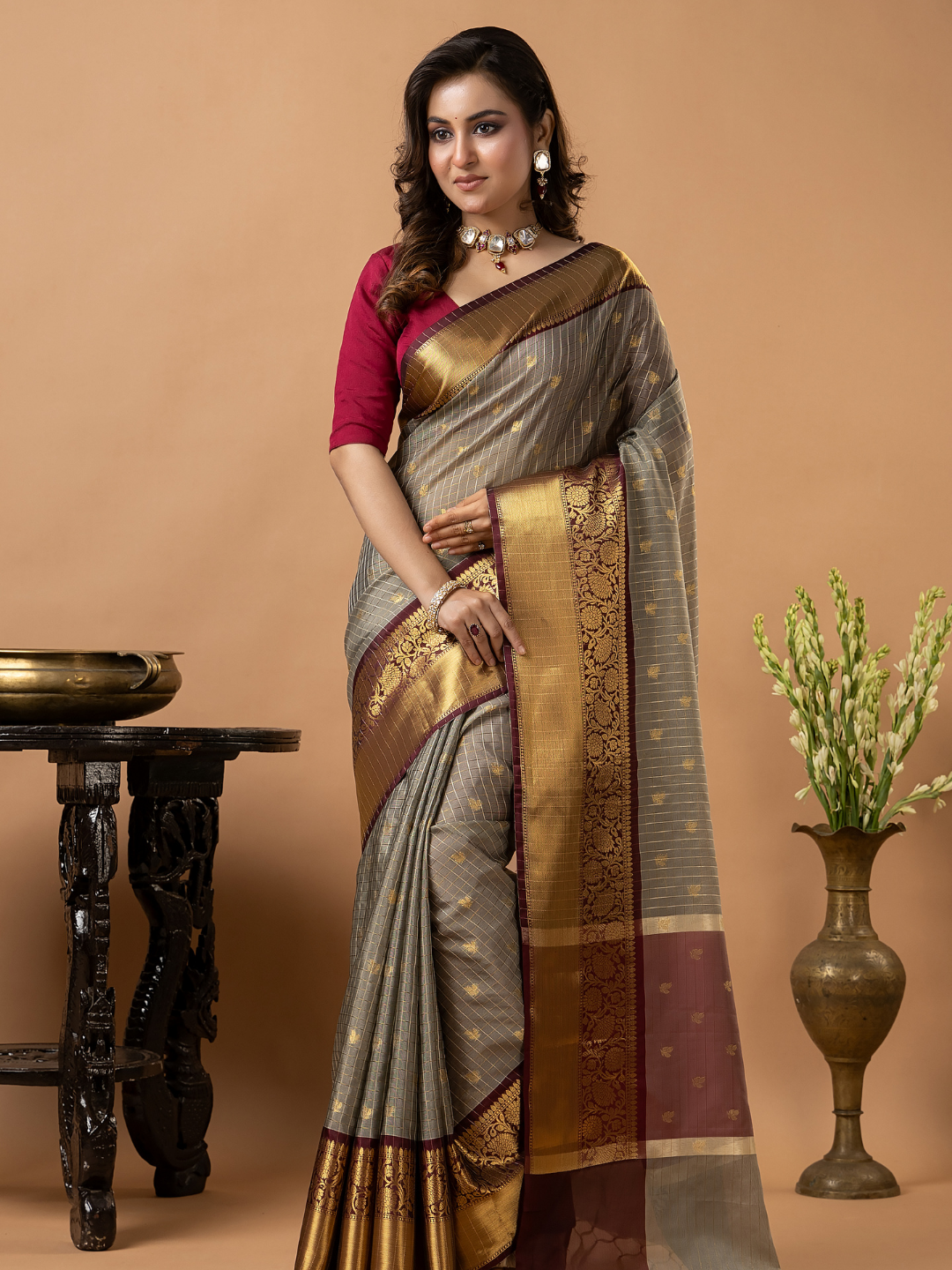 Classic Benarasi Katan Semi Silk Saree | Taupe Grey