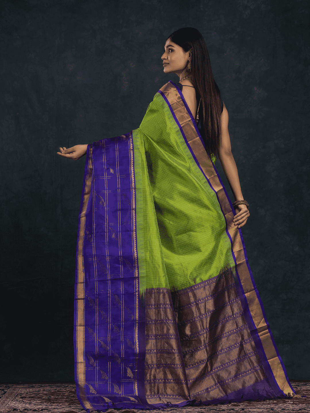 Pure Handloom Korvai Silk Cotton Saree in Parrot Buttas with Paithani Border - Lime Green with Blue border - 143