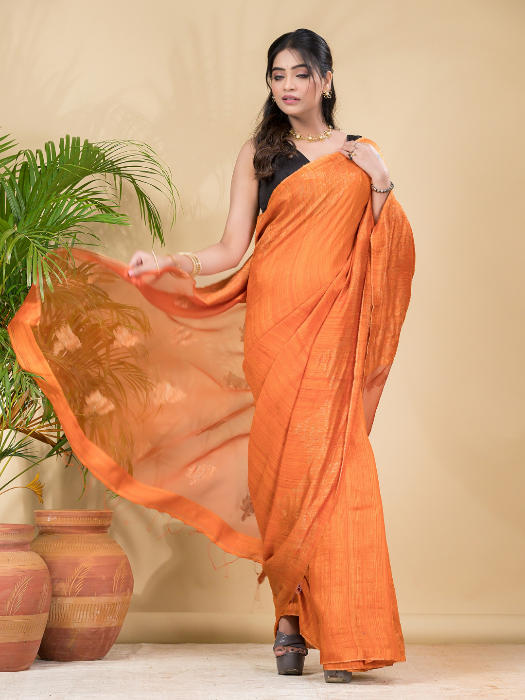 Matka Silk Jamdani Saree With Neon Orange - 025