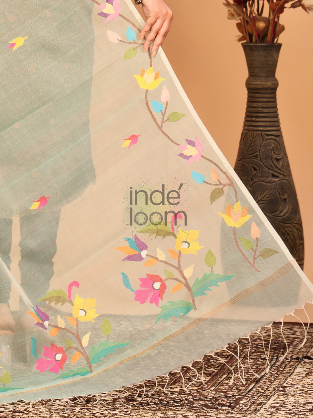 Pure Handloom Muslin Jamdani Dupatta With Light Teal  Green - 020