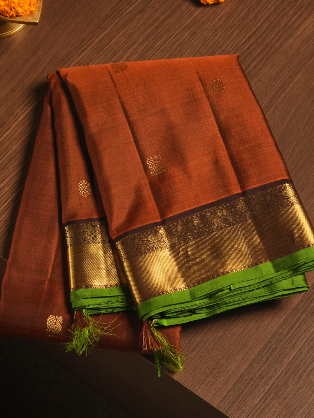 Kanjivaram Saree in Rust Orange with green border