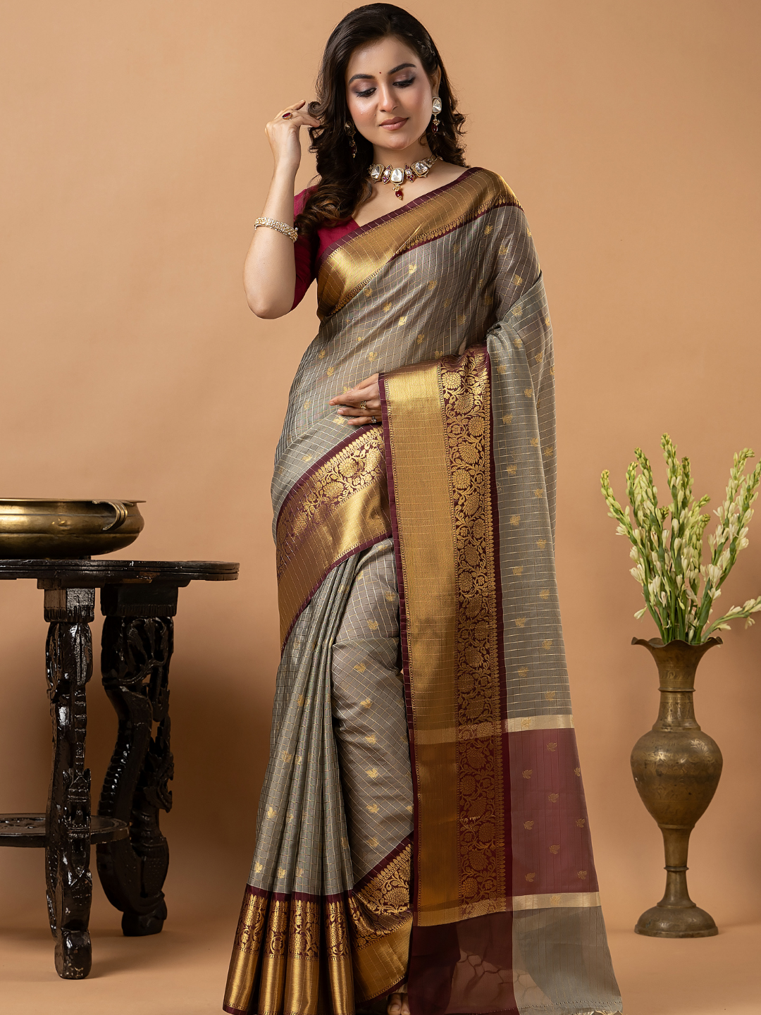 Classic Benarasi Katan Semi Silk Saree | Taupe Grey