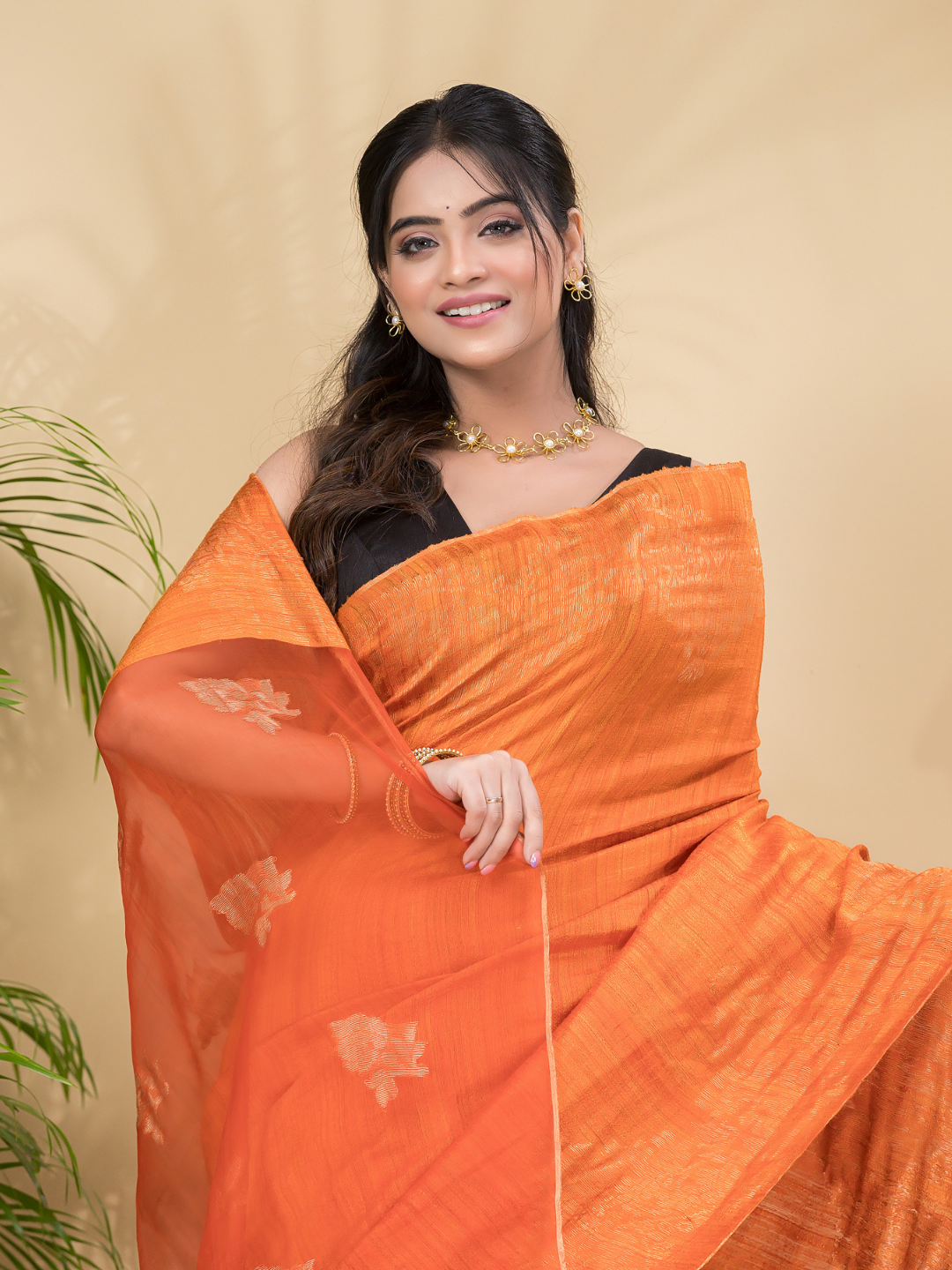 Matka Silk Jamdani Saree With Neon Orange - 025